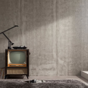 Wohnzimmer mit nostalgischem Plattenspieler und kleinem TV-Bildschirm; Wandverkleidung in imi Matte vintage