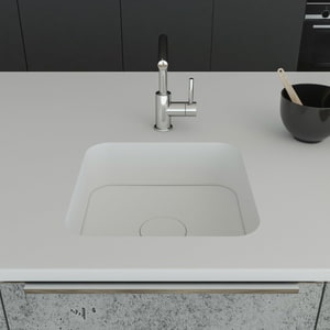 Küchenspüle PSE 400/400 mit Spülenboden aus Staron inkl. Designabdeckung aus Bright White; eingebaut in eine Arbeitsplatte aus Staron Bright White