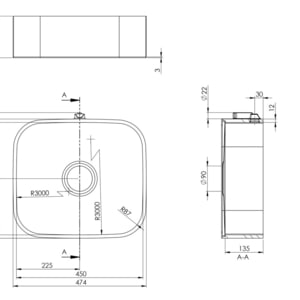 Skizzen Küchenspüle PSE 450/400; Breite 450 mm, Tiefe 400 mm, Höhe 135mm
