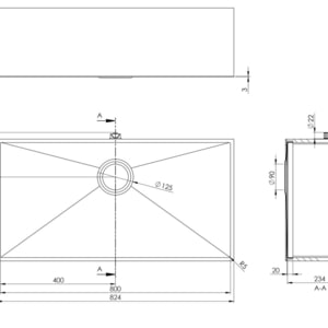 Skizzen Küchenspüle PSE 800/400; Breite 800 mm, Tiefe 400 mm, Höhe 220 mm