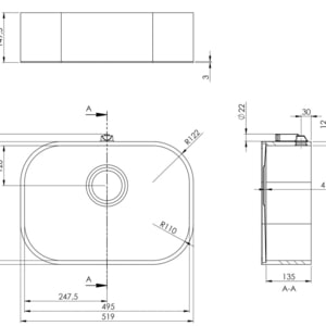 Skizzen Küchenspüle PSE 495/345, Breite 495 mm, Tiefe 345 mm, Höhe 135 mm