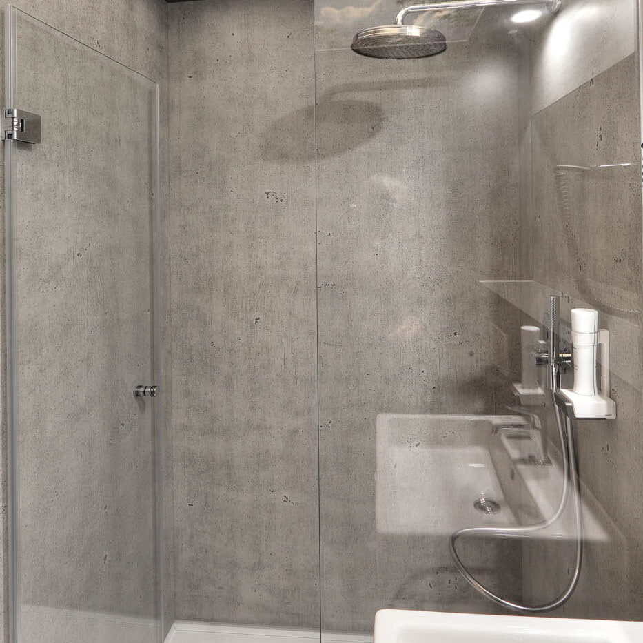 Regendusche in separatem Raum mit Glasdach; Wandverkleidungen aus imi Matte vintage