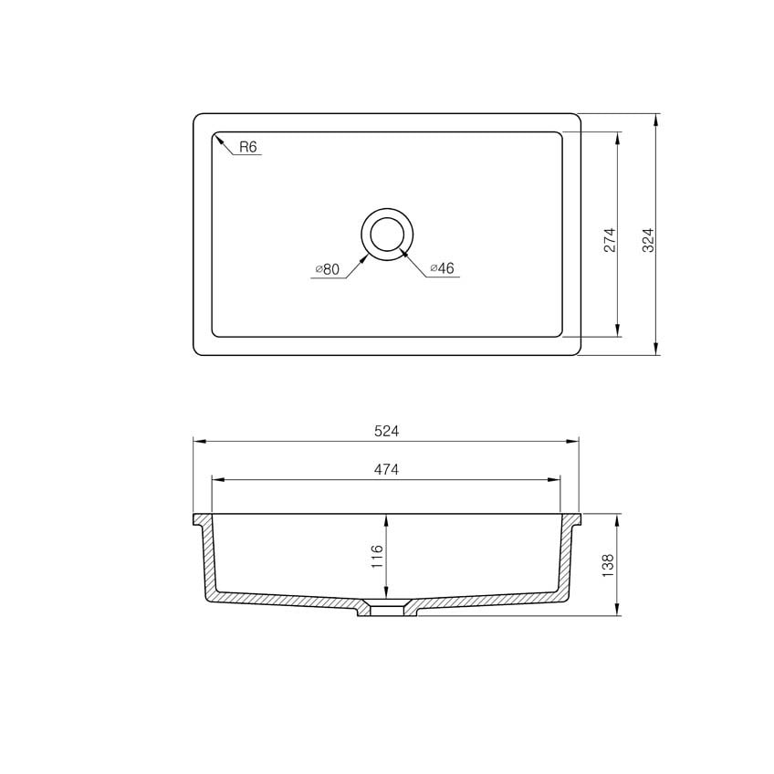 Skizze gegossenes Becken B3190, Breite 524 mm, Tiefe 324 mm