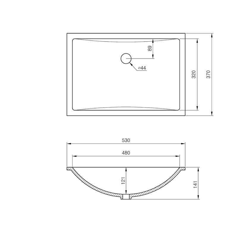 Skizze gegossenes Becken B3192, Breite 530 mm, Tiefe 370 mm