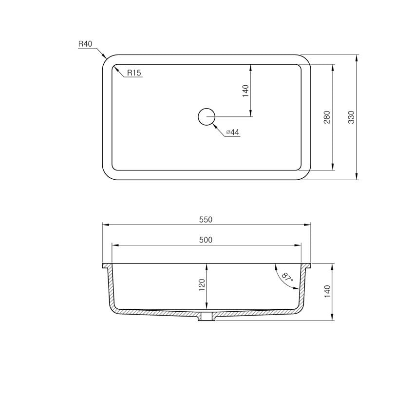 Skizze gegossenes Becken B3200, Breite 550 mm, Tiefe 330 mm