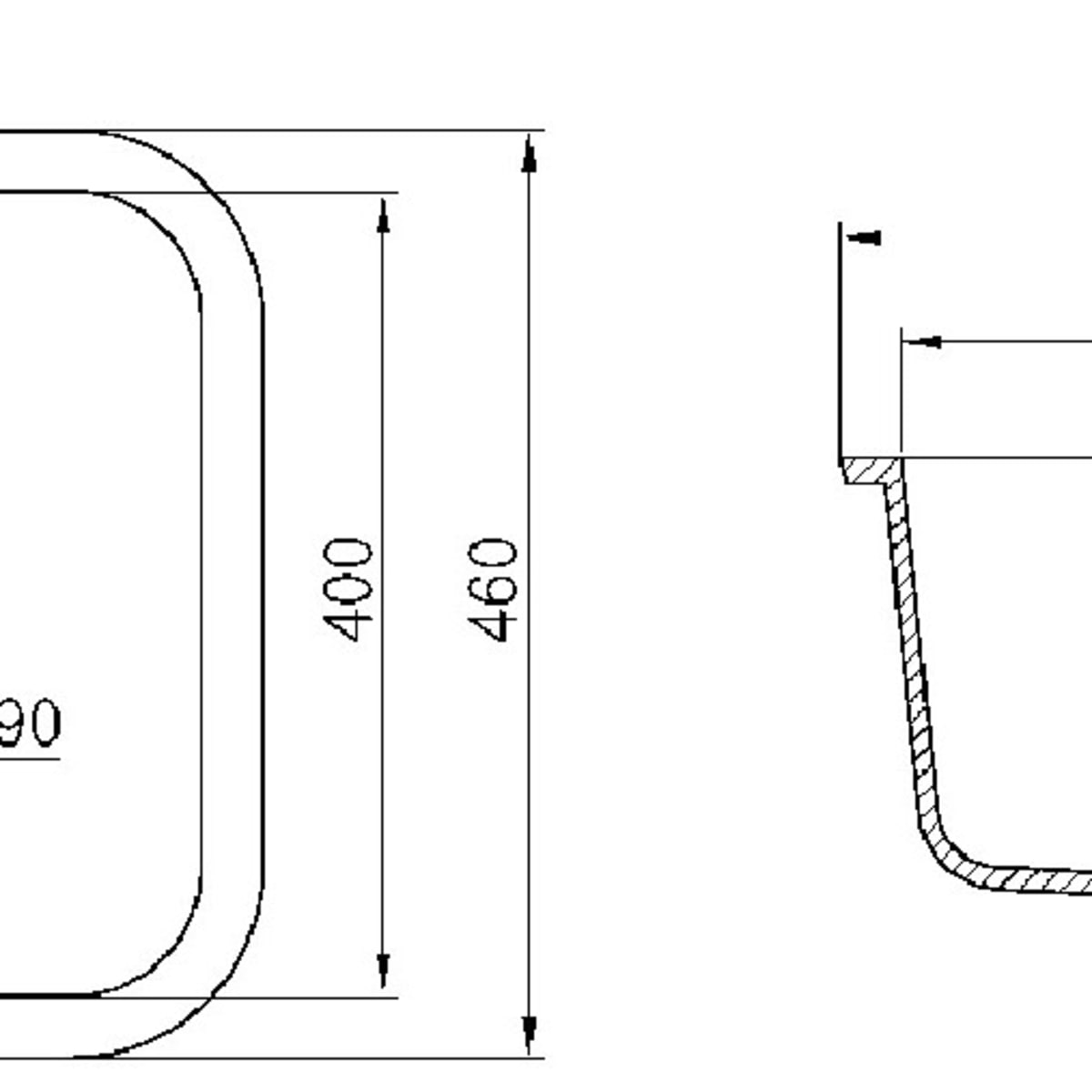 Skizze gegossene Spüle A1181, Breite 460 mm, Tiefe 460 mm