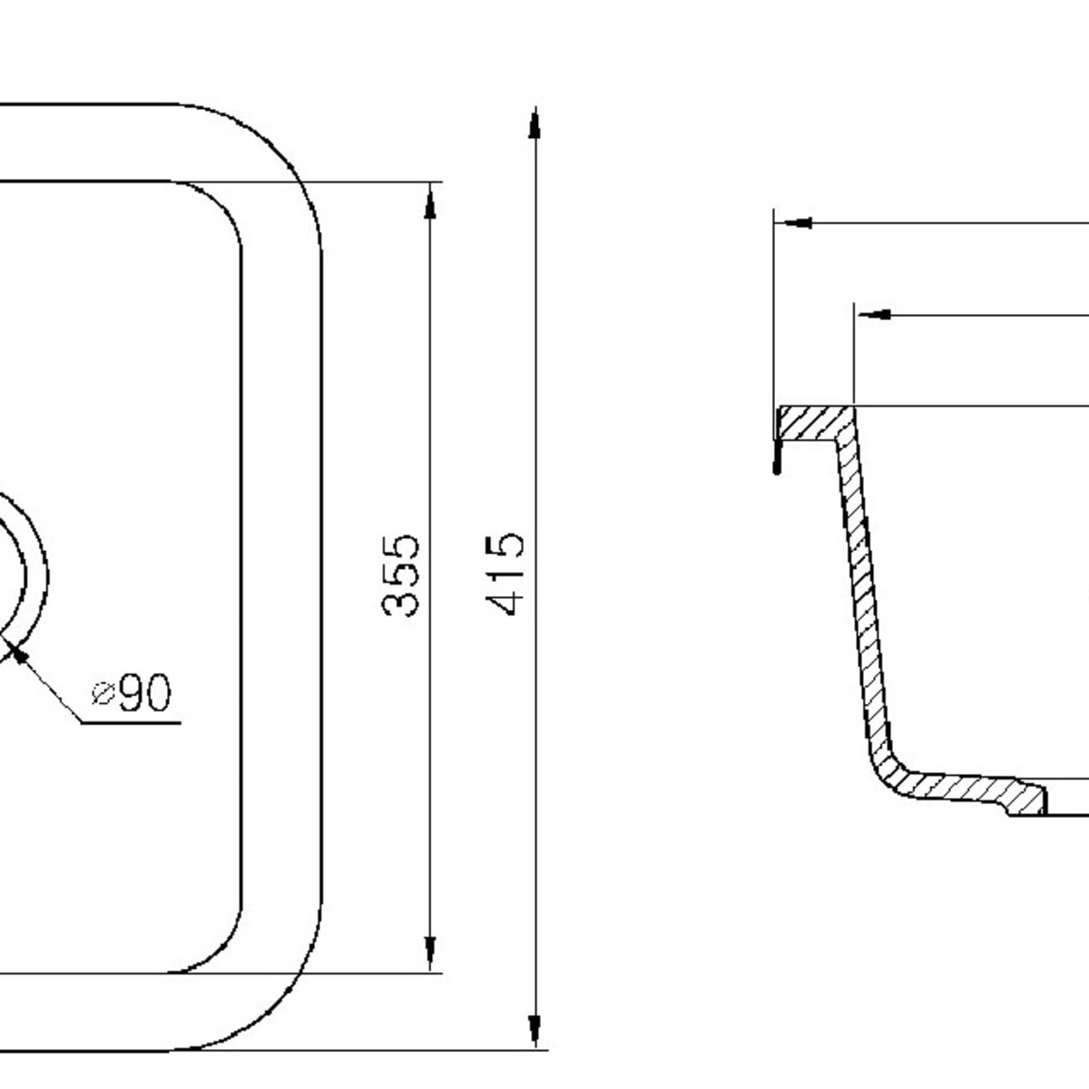 Skizze gegossene Spüle A1121, Breite 325 mm, Tiefe 415 mm