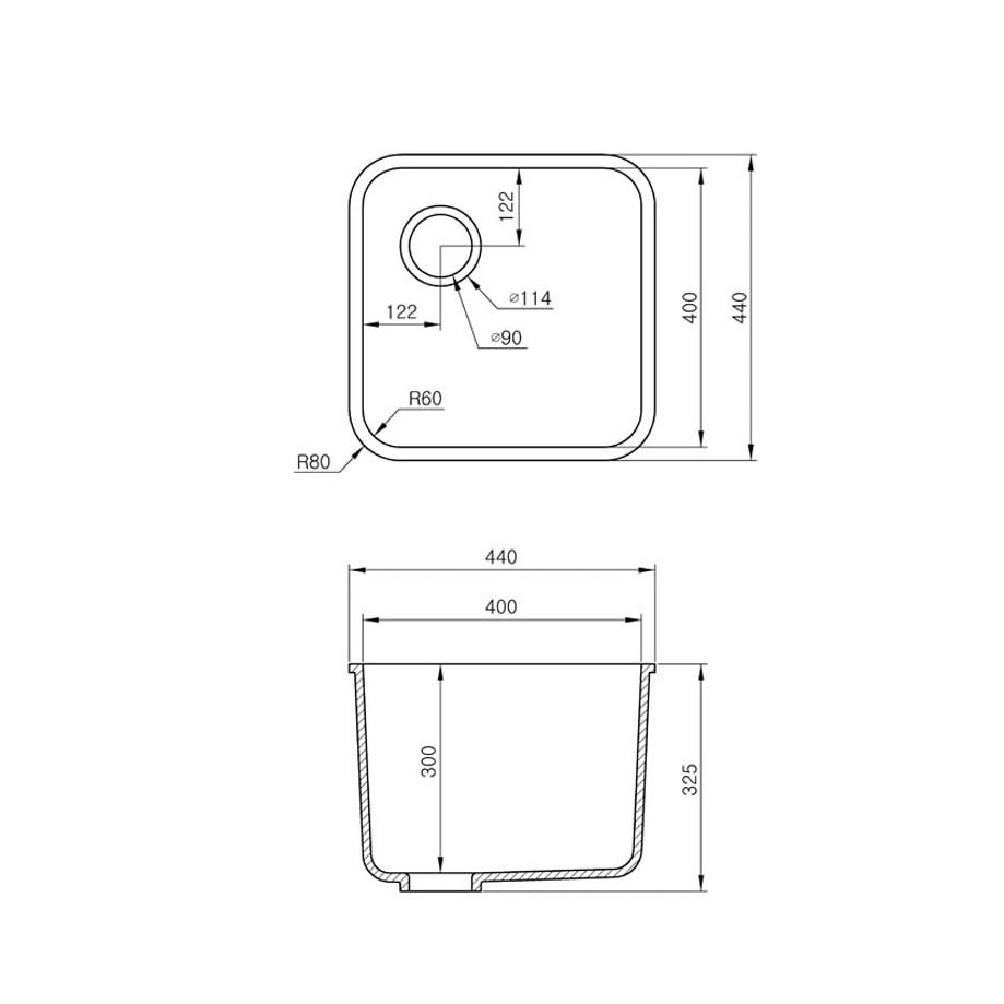 Skizze Spüle gegossen B1160, Breite 440 mm, Tiefe 440 mm