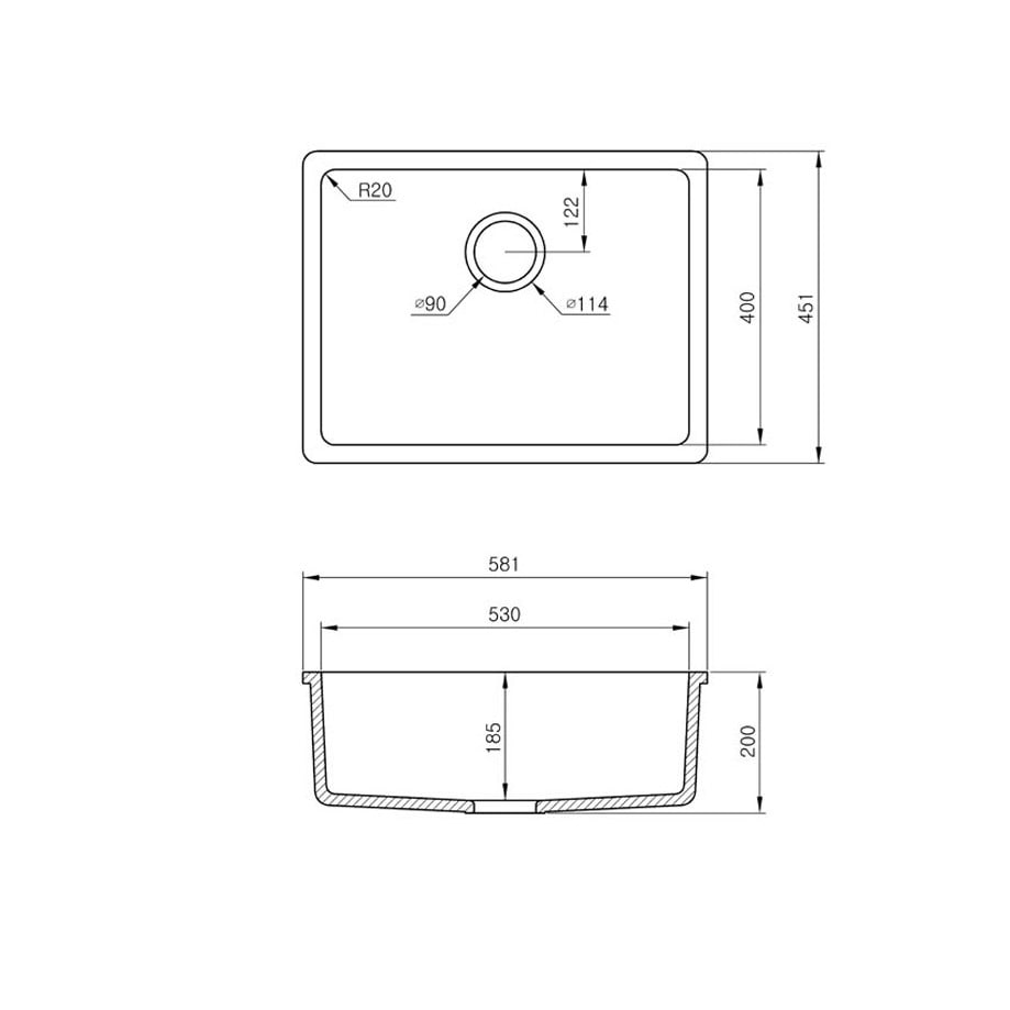 Skizze Spüle gegossen B1212, Breite 581 mm, Tiefe 451 mm