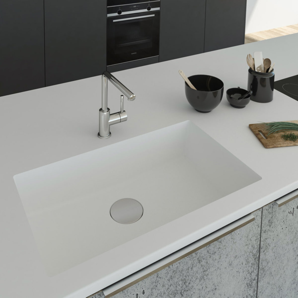 Gegossene Spüle B290 mit Staronboden in Bright White mit Ablaufgarnitur AH1, welche separat bestell bar ist. Die Spüle ist in eine Arbeitsplatte in Bright White eingelassen. Breite 750 mm, Tiefe 450 mm
