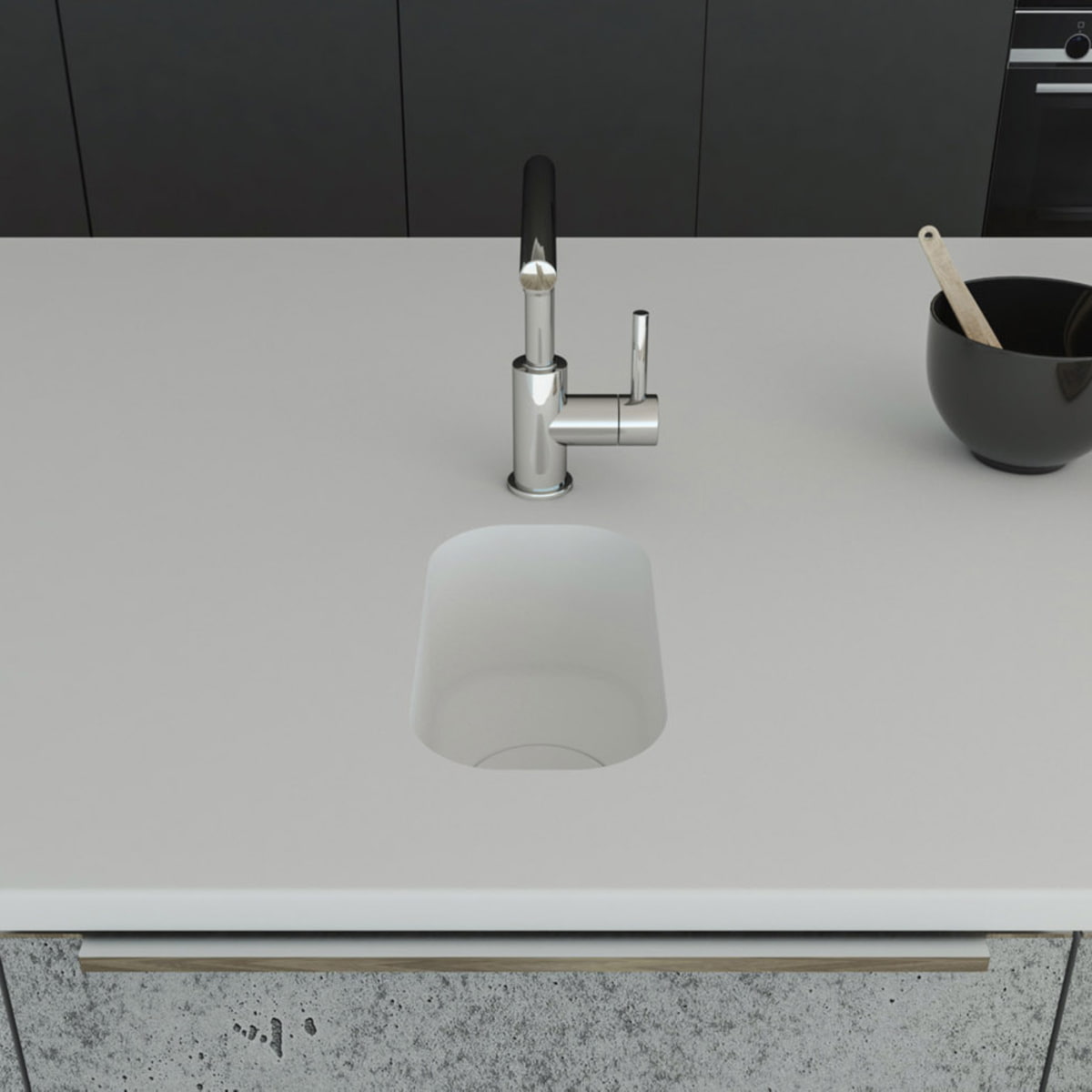 Küchenspüle PSE 162/300 aus Staron mit Spülenboden und Designabdeckung aus Staron Bright White. Fugenlos eingebaut in eine Arbeitsplatte aus Staron Bright White.