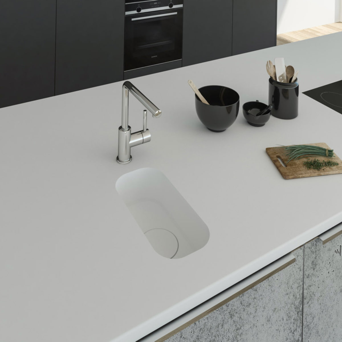 Küchenspüle PSE 162/352 aus Staron mit Spülenboden und Designabdeckung aus Staron Bright White. Fugenlos eingebaut in eine Arbeitsplatte aus Staron Bright White.