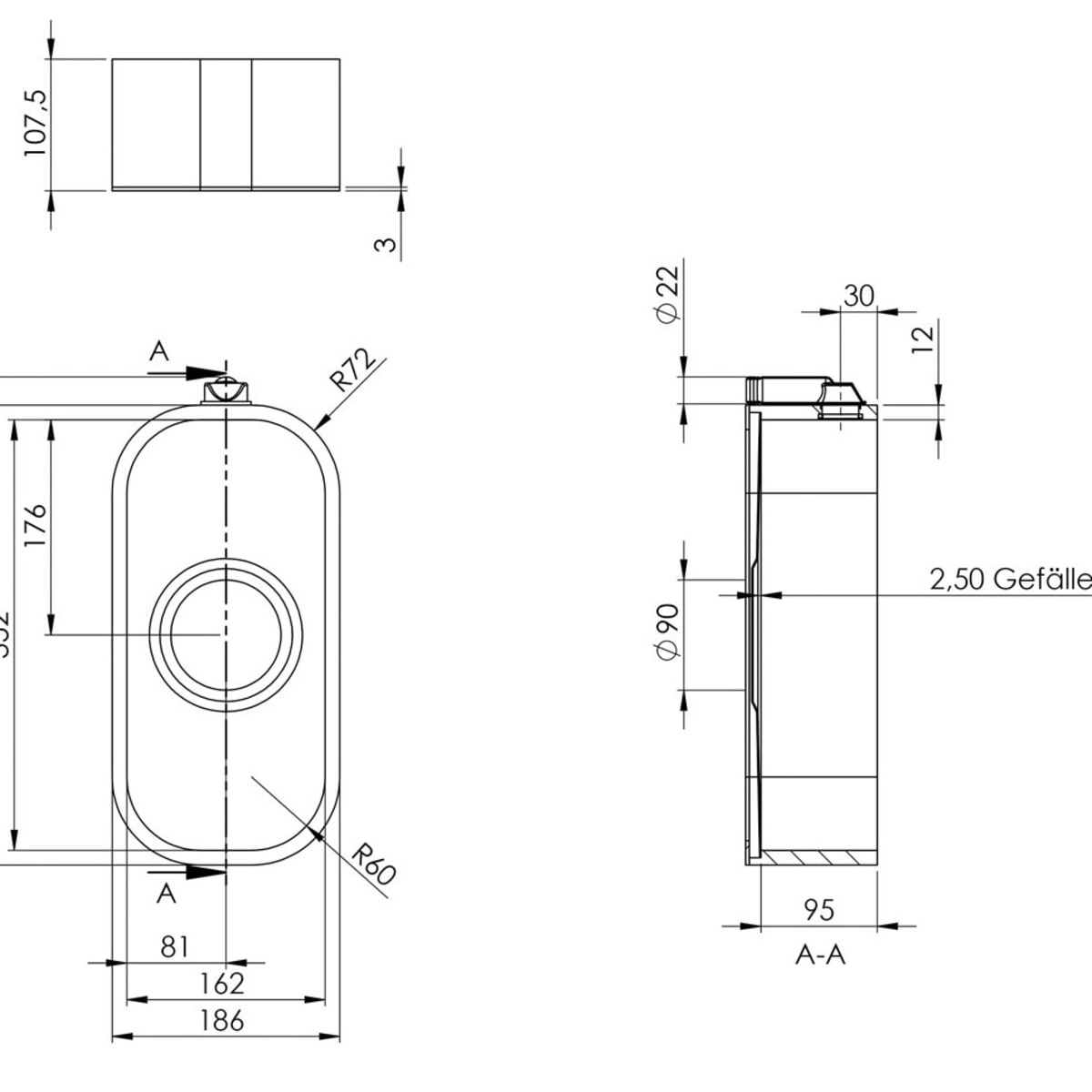 Skizzen Küchenspüle PSE 162/352, Breite 162 mm, Tiefe 352 mm, Höhe 95 mm