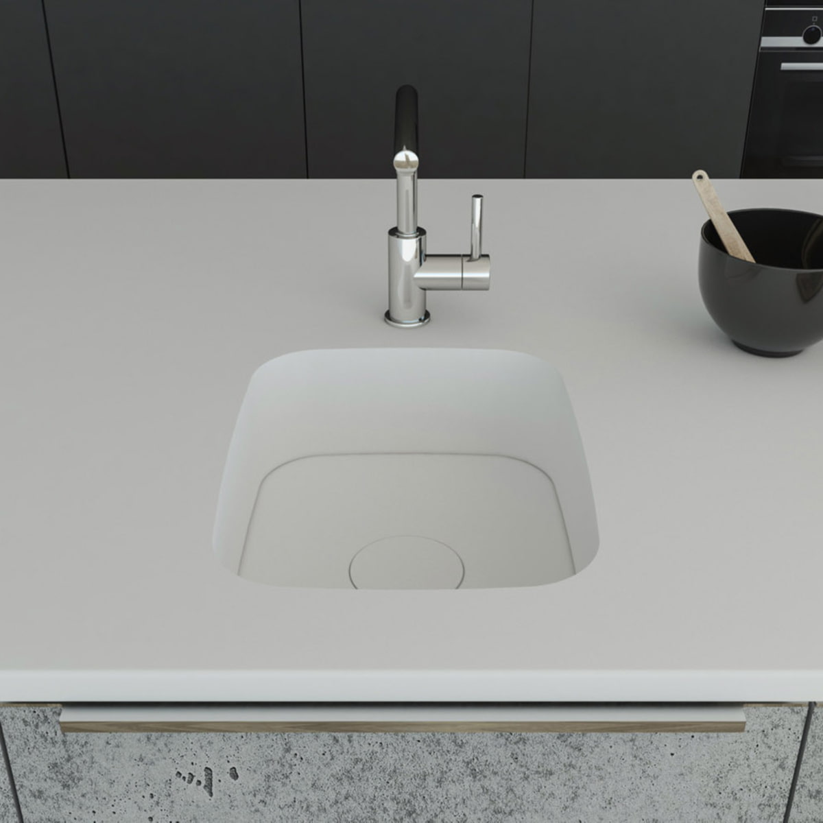 Küchenspüle PSE 332/418 aus Staron mit Spülenboden und Designabdeckung aus Staron Bright White. Fugenlos eingebaut in eine Arbeitsplatte aus Staron Bright White.