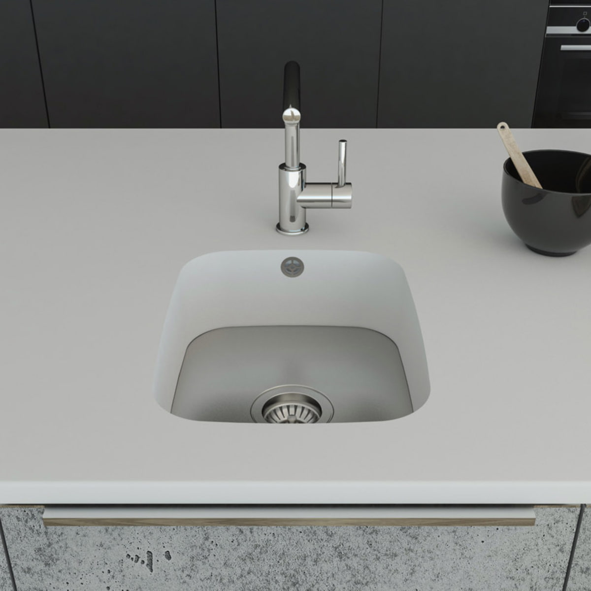 Küchenspüle PSE 332/418 aus Staron mit Spülenboden aus Edelstahl. Fugenlos eingebaut in eine Arbeitsplatte aus Staron Bright White.