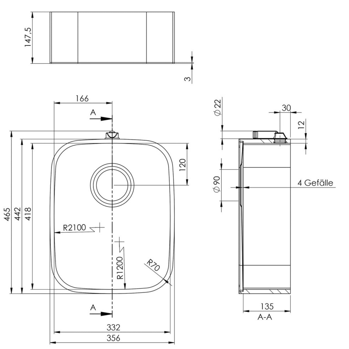 Skizzen Küchenspüle PSE 332/418, Breite 332 mm Tiefe 418 mm und Höhe 135 mm