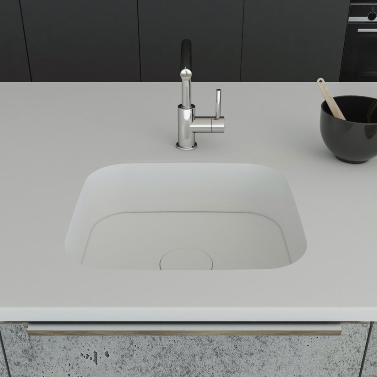 Küchenspüle PSE 450/400 mit Spülenboden und Designabdeckung aus Staron Bright White eingelassen in eine Arbeitsplatte aus Staron Bright White mit Standarmatur
