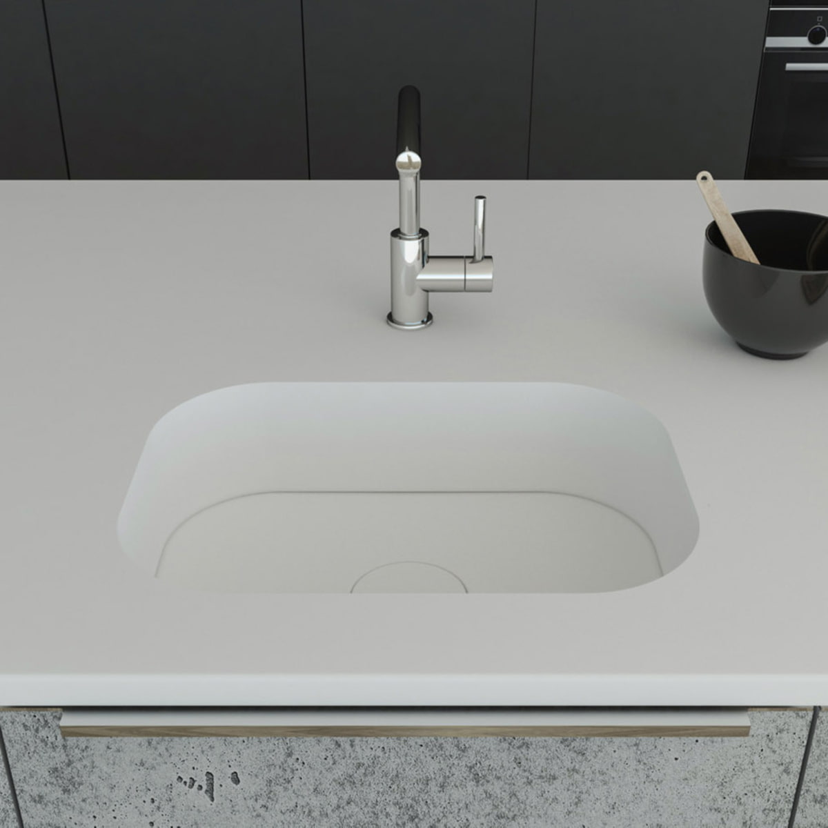 Küchenspüle PSE 495/345 mit Spülenboden und Designabdeckung aus Staron Bright White eingearbeitet in eine Arbeitsplatte in Staron Bright White mit einer Standarmatur