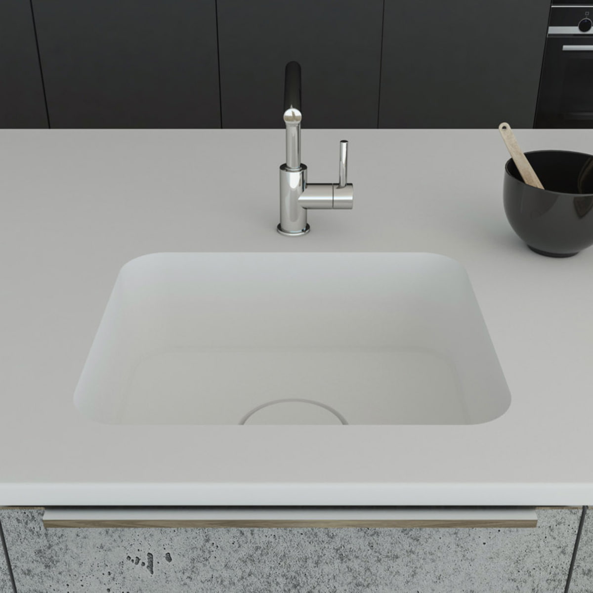 Küchenspüle PSE 500/412 mit Spülenboden und Designabedeckung aus Staron Bright White; eingebaut in eine Arbeitsplatte in Staron Bright White und einer Standarmatur