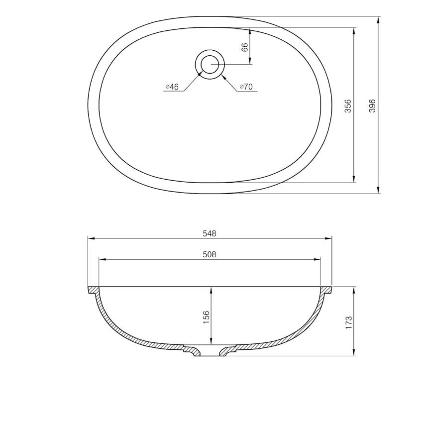 Skizze gegossenes Becken A3211, Gesamtbreite 548 mm, Gesamttiefe 396 mm