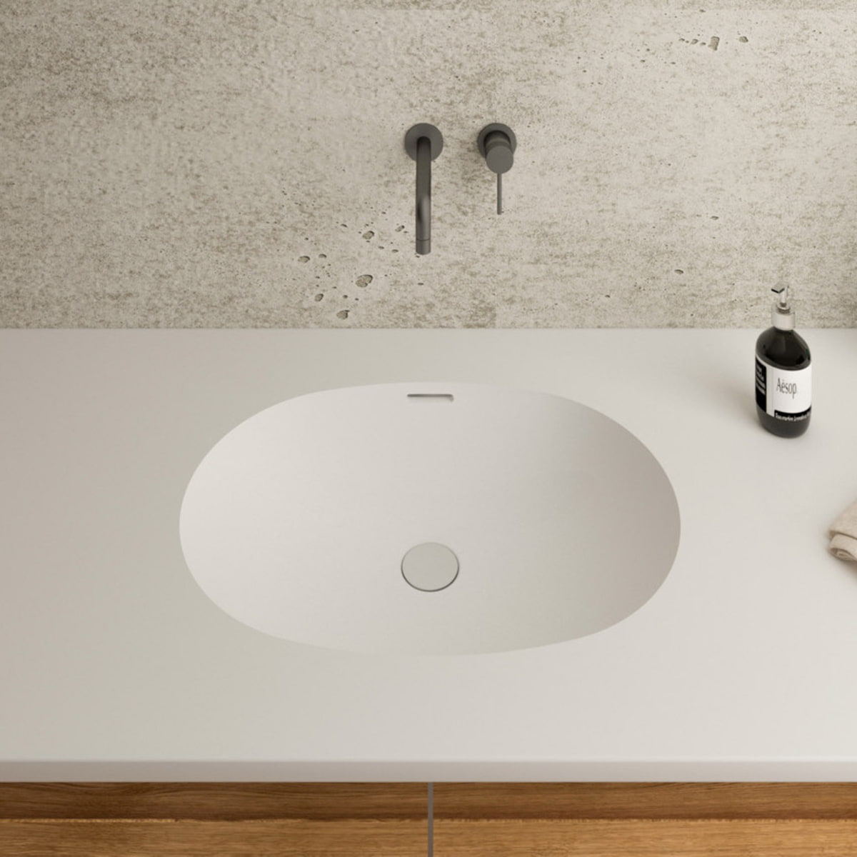 Gegossenes Becken A3211 aus Mineralwerkstoff Staron Bright White mit Universalventil eingelassen in Waschtischplatte in Bright White, Breite 548 mm, Tiefe 396 mm