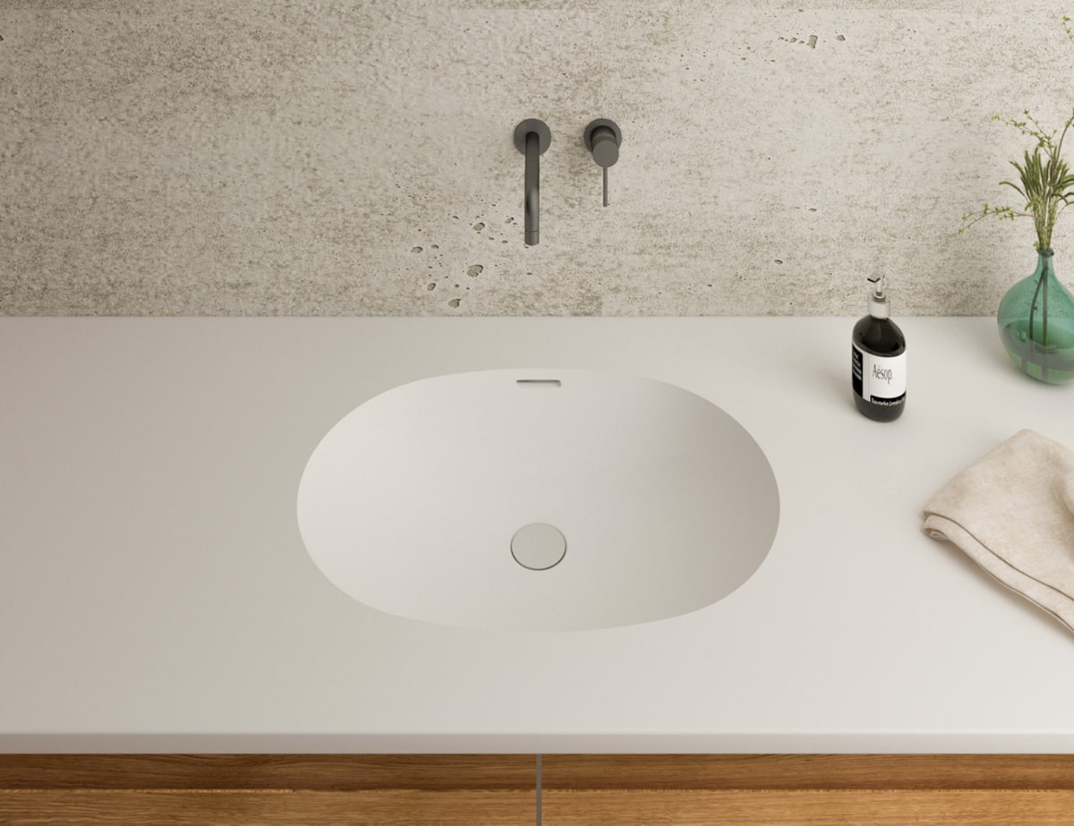 Gegossenes Becken A3211 aus Mineralwerkstoff Staron Bright White mit Universalventil eingelassen in Waschtischplatte in Bright White, Breite 548 mm, Tiefe 396 mm