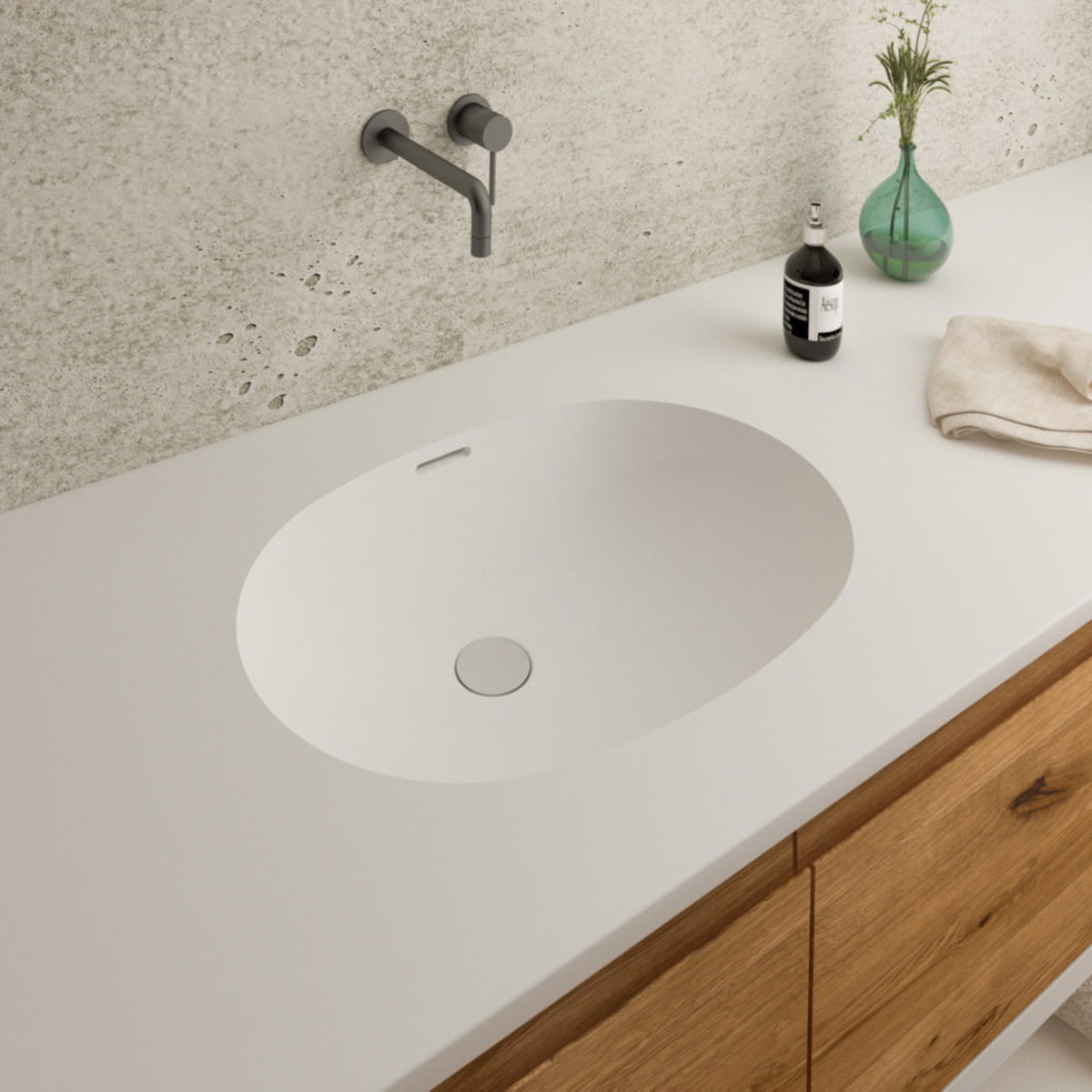 Gegossenes Becken A3211 Mineralwerkstoff Staron Bright White mit Universalventil eingelassen in Waschtischplatte in Bright White, Breite 548 mm, Tiefe 396 mm