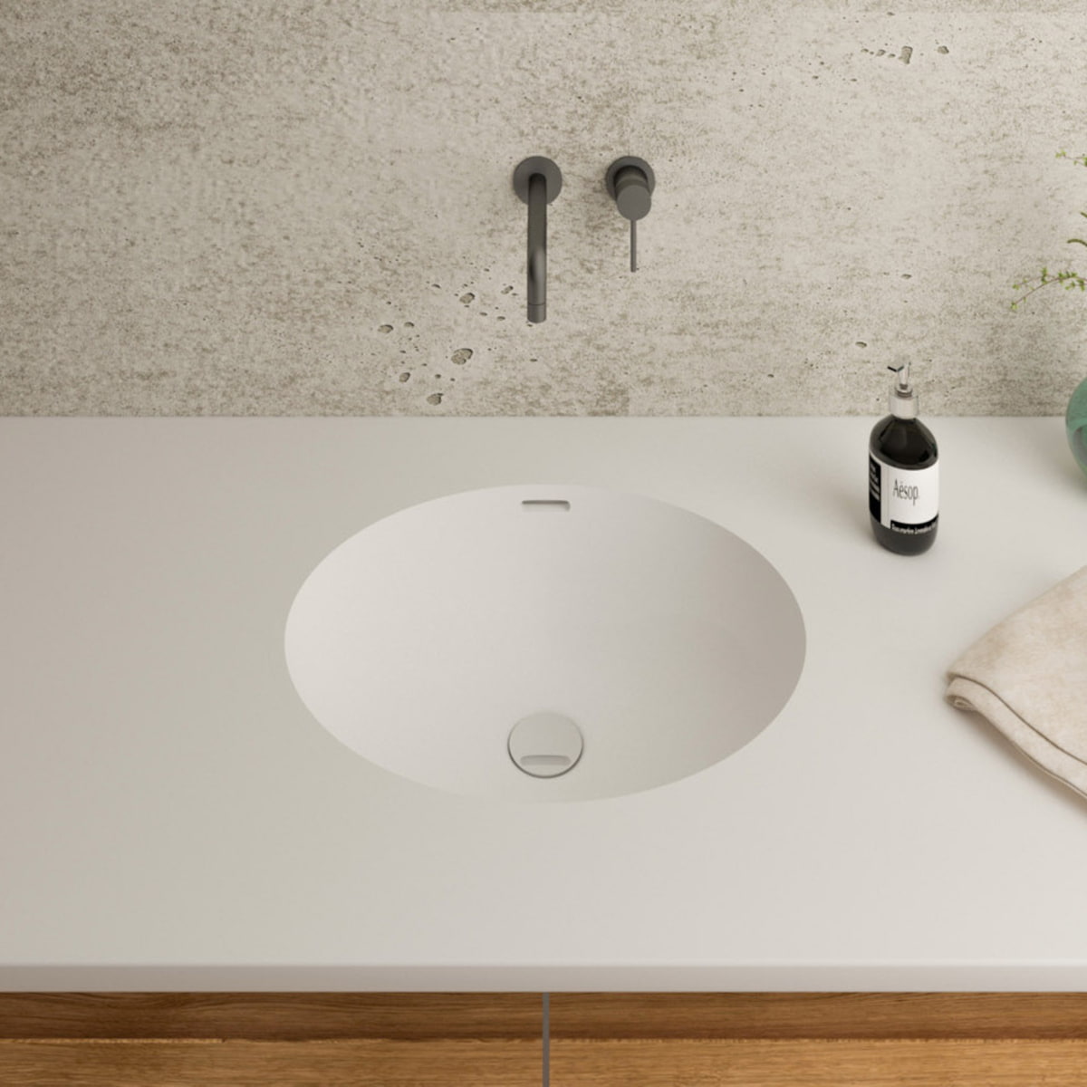 Gegossenes Becken A3181 Mineralwerkstoff Staron Bright White mit Universalventil eingelassen in Waschtischplatte in Bright White; Universalventil muss dazubestellt werden