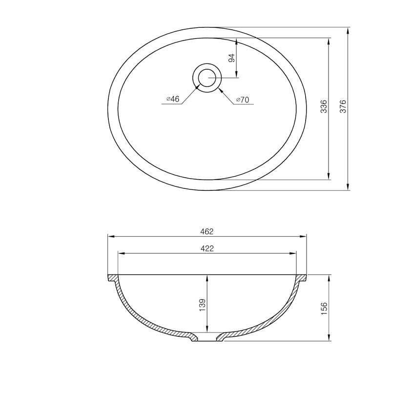 Skizze gegossenes Becken A3181, Breite 462 mm und Tiefe 376 mm 
