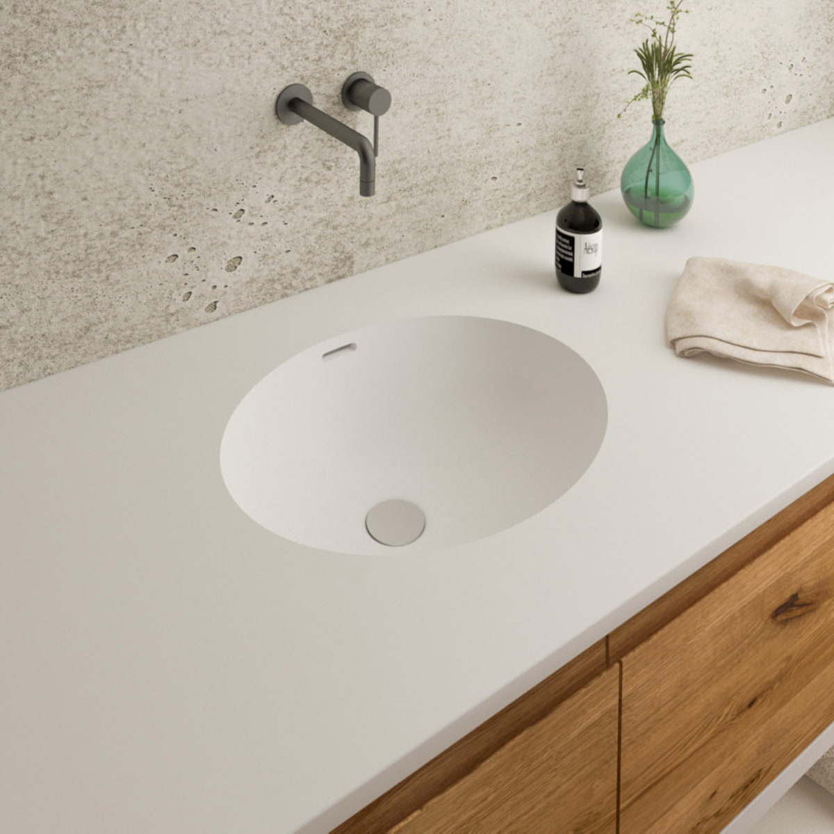 Gegossenes Becken A3181 aus Mineralwerkstoff Staron Bright White mit Universalventil eingelassen in Waschtischplatte in Bright White; Breite 462 mm, Tiefe 376 mm