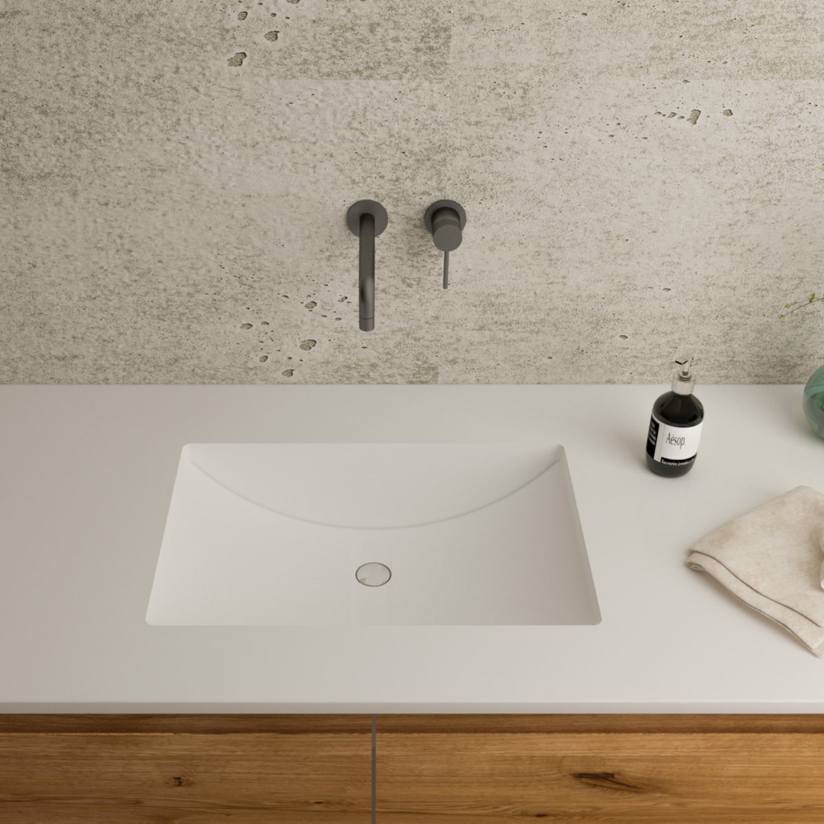Gegossenes Becken Mineralwerkstoff Staron Bright White mit Universalventil eingelassen in Waschtischplatte in Bright White, Breite 530 mm, Tiefe 370 mm