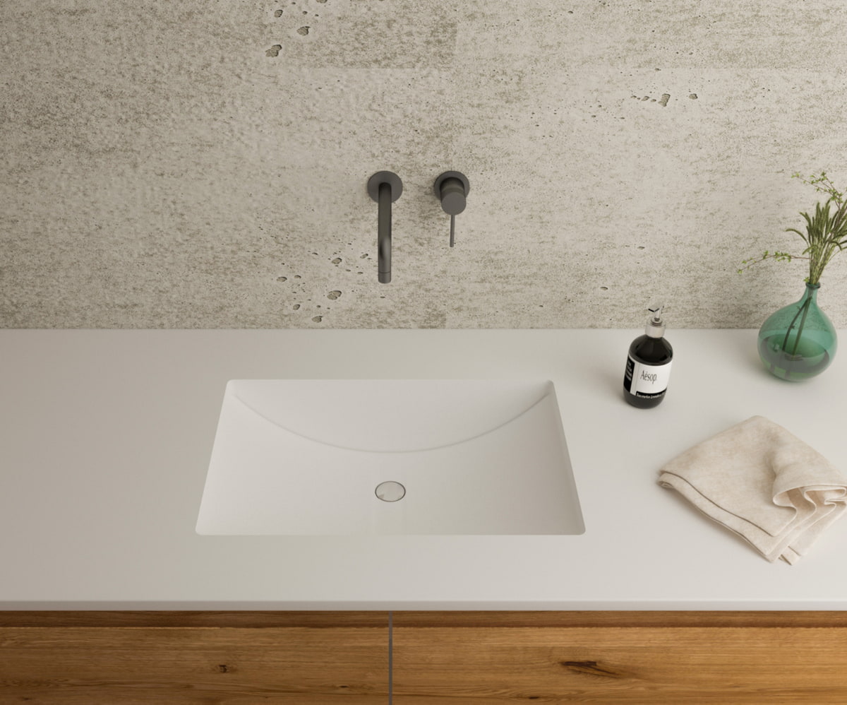 Gegossenes Becken Mineralwerkstoff Staron Bright White mit Universalventil eingelassen in Waschtischplatte in Bright White, Breite 530 mm, Tiefe 370 mm