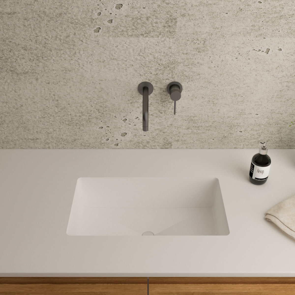 Gegossenes Becken Mineralwerkstoff B3200 Staron Bright White mit Universalventil eingelassen in Waschtischplatte in Bright White, Breite 550 mm, Tiefe 330 mm