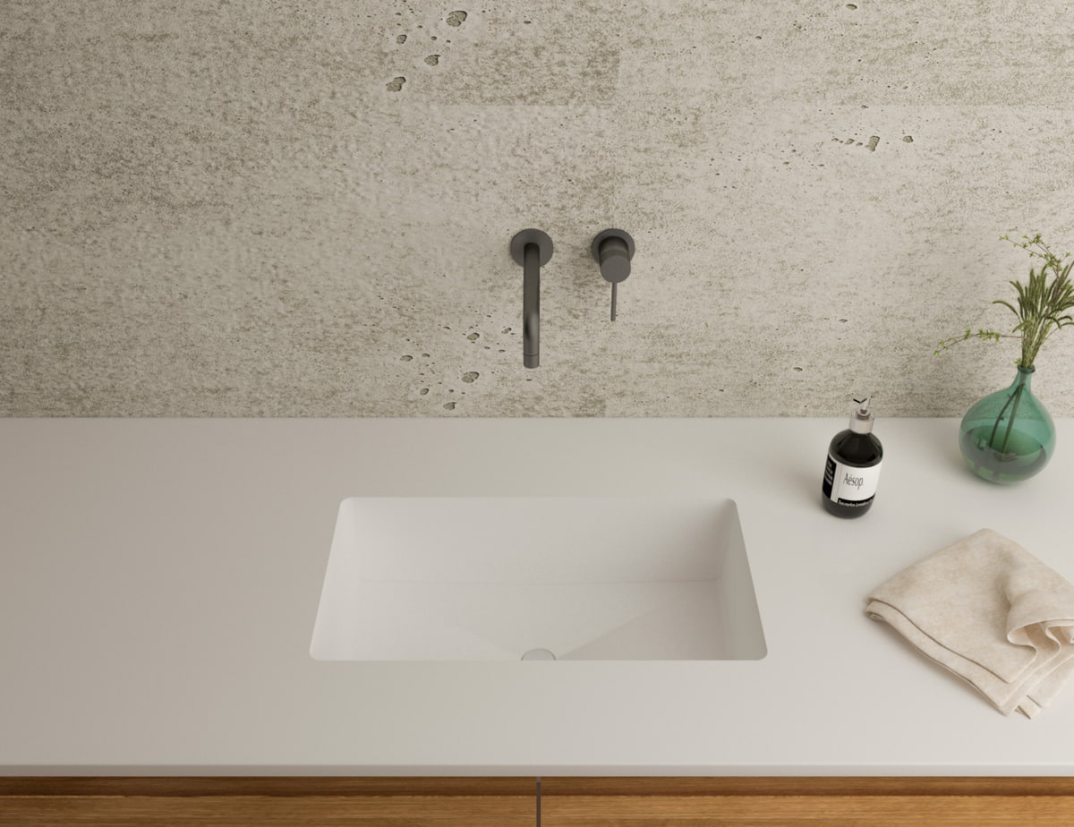 Gegossenes Becken Mineralwerkstoff B3200 Staron Bright White mit Universalventil eingelassen in Waschtischplatte in Bright White, Breite 550 mm, Tiefe 330 mm